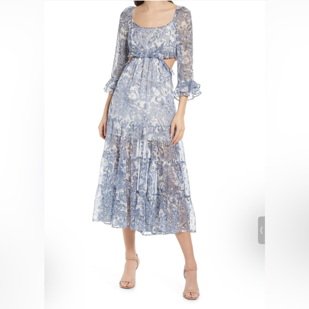 RAHI Womens Blue Tie Lined 3/4 Sleeve Midi Evening Fit + Flare Dress XS